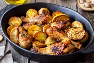 Pollo al limón y romero horneado con papas crujientes doradas, decorado con rodajas de limón fresco y ramitas de romero