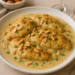 Pollo en salsa de almendras y vino blanco