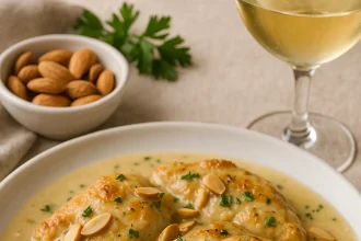 Pollo en salsa de almendras y vino blanco