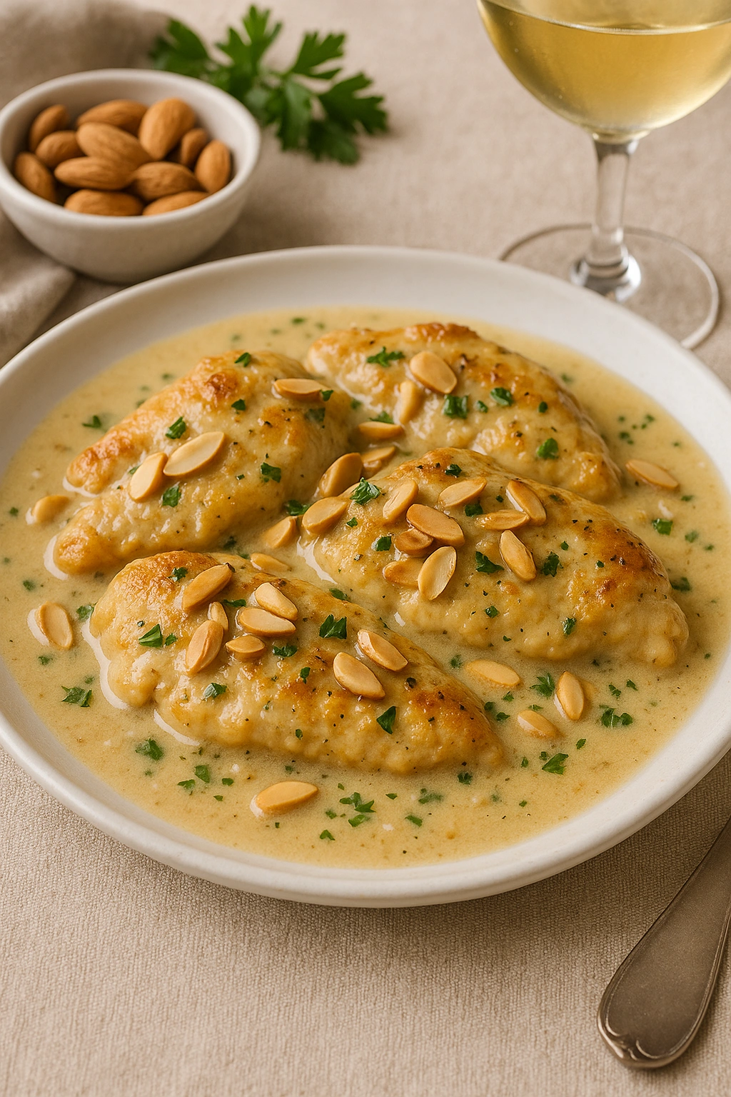 Chicken in almond and white wine sauce
