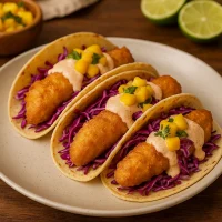 Tacos de pescado estilo Baja California con filetes rebozados dorados y crujientes, col morada rallada, crema de chipotle y salsa de mango, servidos en tortillas de maíz calientes sobre plato blanco con rodajas de lima