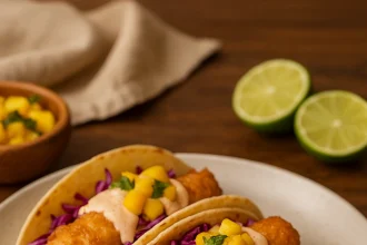 Tacos de pescado estilo Baja California con filetes rebozados dorados y crujientes, col morada rallada, crema de chipotle y salsa de mango, servidos en tortillas de maíz calientes sobre plato blanco con rodajas de lima