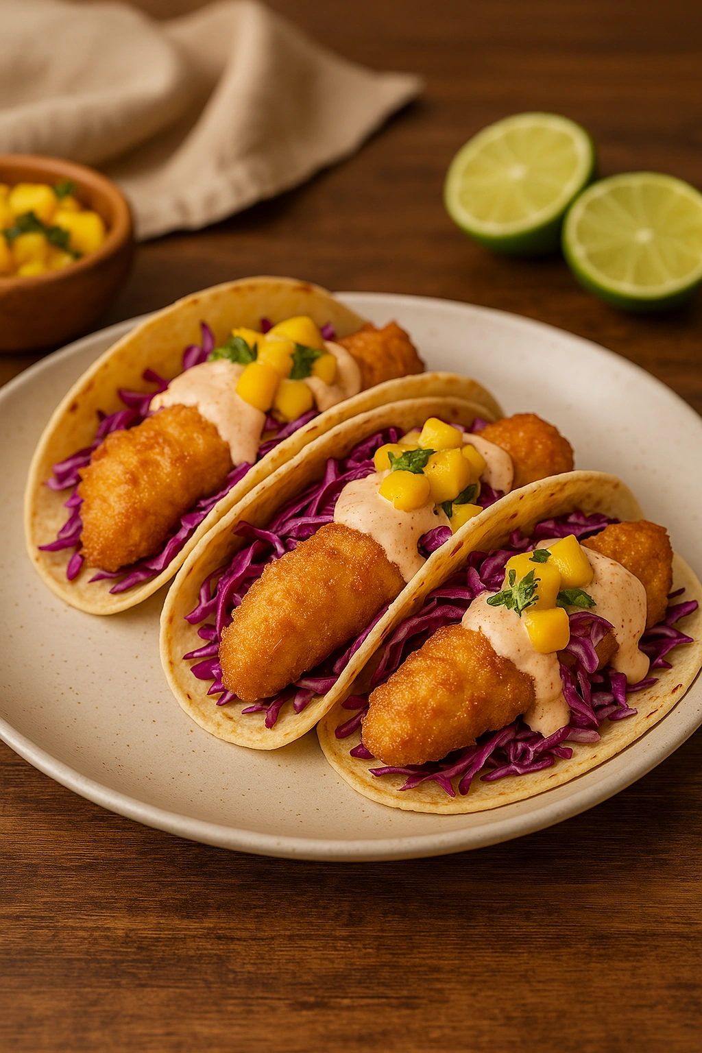 Baja California Style Fish Tacos with golden and crispy battered fillets, shredded purple cabbage, chipotle cream and mango salsa, served on warm corn tortillas on a white plate with lime wedges