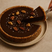 Tarta de chocolate amargo con costra de nuez, decorada con escamas de sal de mar, relleno cremoso y brillante, porción cortada en plato blanco, fondo de madera rústica, luz natural