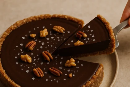 Tarta de chocolate amargo con costra de nuez, decorada con escamas de sal de mar, relleno cremoso y brillante, porción cortada en plato blanco, fondo de madera rústica, luz natural