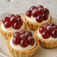 Tartaletas de masa sablé con relleno de mascarpone y uvas verdes al prosecco decoradas con menta
