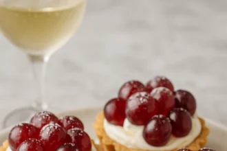 Tartaletas de masa sablé con relleno de mascarpone y uvas verdes al prosecco decoradas con menta