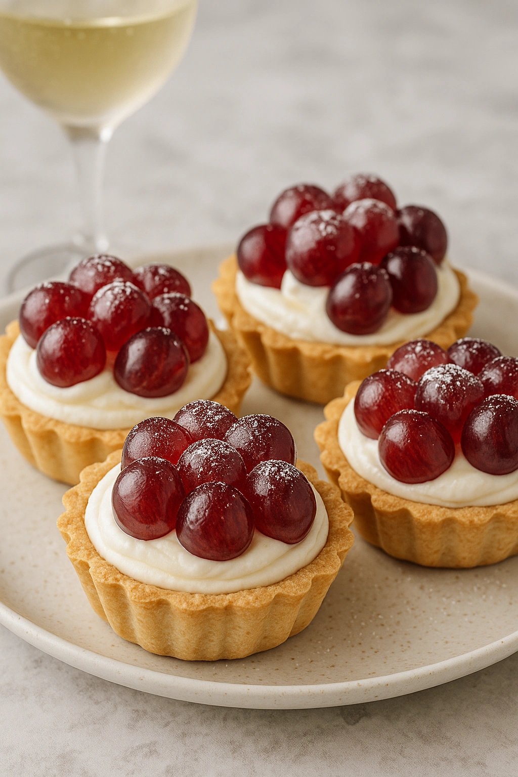 Sablé pastry tarts with mascarpone filling and green grapes with prosecco decorated with mint