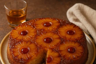 Volteado de piña con cardamomo y ron recién desmoldado, mostrando rodajas de piña caramelizadas doradas y brillantes sobre masa esponjosa, decorado con cerezas rojas, servido en plato blanco sobre superficie de madera