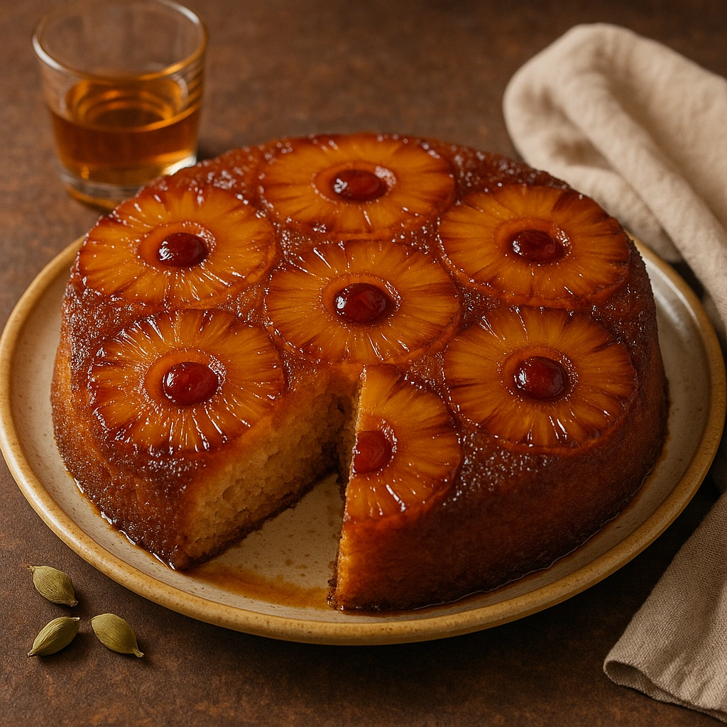 Pineapple Upside-Down Cake with Cardamom and Rum, freshly unmolded, showing golden and shiny caramelized pineapple slices on fluffy dough, decorated with red cherries, served on a white plate on a wooden surface