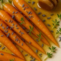 Zanahorias baby tiernas glaseadas con miel de lavanda brillante, decoradas con ramitas de tomillo fresco, servidas en plato blanco sobre superficie de madera clara con iluminación natural suave