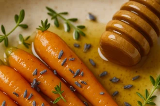 Zanahorias baby tiernas glaseadas con miel de lavanda brillante, decoradas con ramitas de tomillo fresco, servidas en plato blanco sobre superficie de madera clara con iluminación natural suave