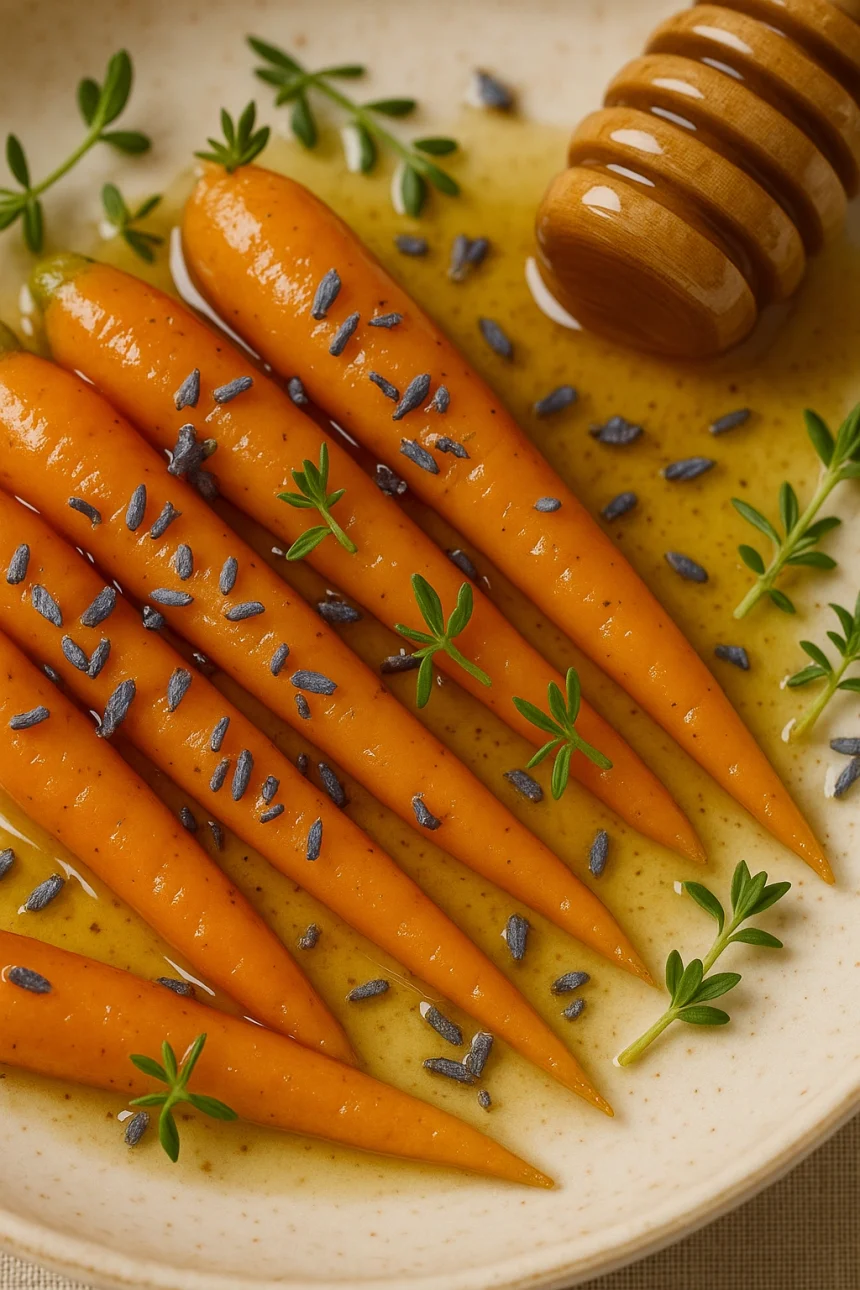 Zanahorias baby tiernas glaseadas con miel de lavanda brillante, decoradas con ramitas de tomillo fresco, servidas en plato blanco sobre superficie de madera clara con iluminación natural suave