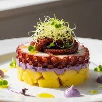 Causa limeña gourmet de pulpo al olivo, sobre plato blanco, decorada con crema de aceituna negra, brotes frescos y rodajas de pulpo, estilo casero, luz natural, colores reales
