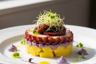 Causa limeña gourmet de pulpo al olivo, sobre plato blanco, decorada con crema de aceituna negra, brotes frescos y rodajas de pulpo, estilo casero, luz natural, colores reales