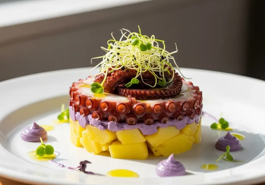 Causa limeña gourmet de pulpo al olivo, sobre plato blanco, decorada con crema de aceituna negra, brotes frescos y rodajas de pulpo, estilo casero, luz natural, colores reales