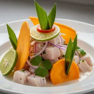 Ceviche peruano clásico con leche de tigre al ají limo, servido en bowl blanco con camote, cancha y lechuga, cebolla morada, ají y cilantro, luz natural
