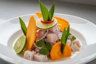 Ceviche peruano clásico con leche de tigre al ají limo, servido en bowl blanco con camote, cancha y lechuga, cebolla morada, ají y cilantro, luz natural