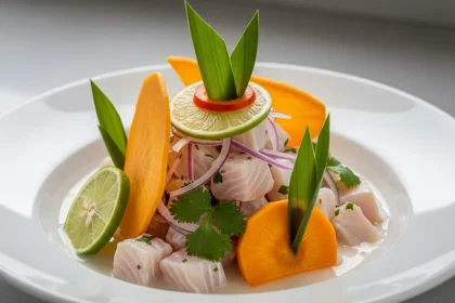 Ceviche peruano clásico con leche de tigre al ají limo, servido en bowl blanco con camote, cancha y lechuga, cebolla morada, ají y cilantro, luz natural