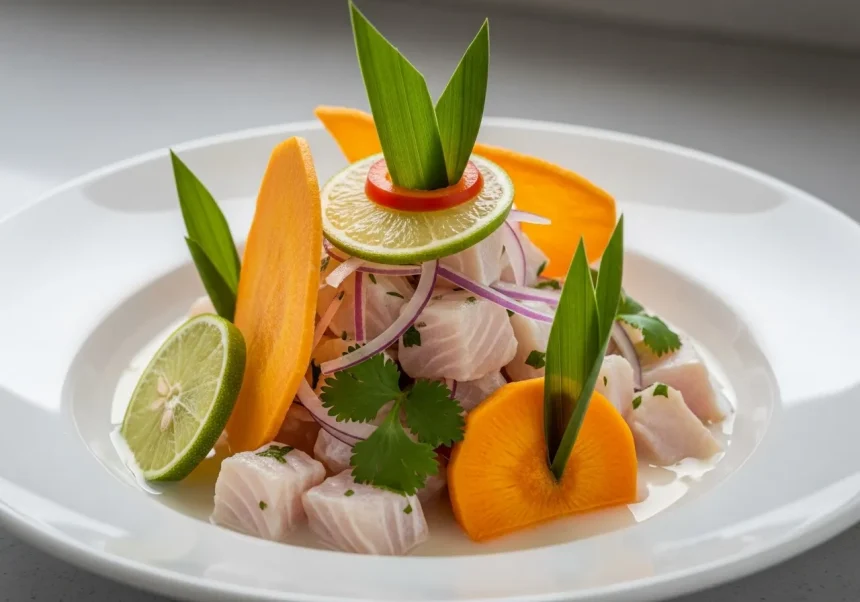 Ceviche peruano clásico con leche de tigre al ají limo, servido en bowl blanco con camote, cancha y lechuga, cebolla morada, ají y cilantro, luz natural