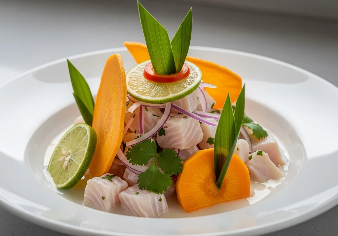Classic Peruvian ceviche with aji limo tiger's milk, served in a white bowl with sweet potato, cancha, and lettuce, red onion, chili, and cilantro, natural light