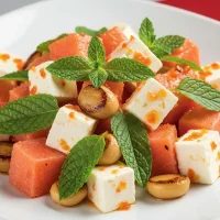 Ensalada de sandía en cubos, queso feta y menta fresca con vinagreta de maracuyá, decorada con nueces caramelizadas en plato blanco, luz natural, estilo casero