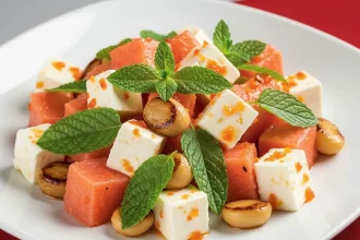 Ensalada de sandía en cubos, queso feta y menta fresca con vinagreta de maracuyá, decorada con nueces caramelizadas en plato blanco, luz natural, estilo casero