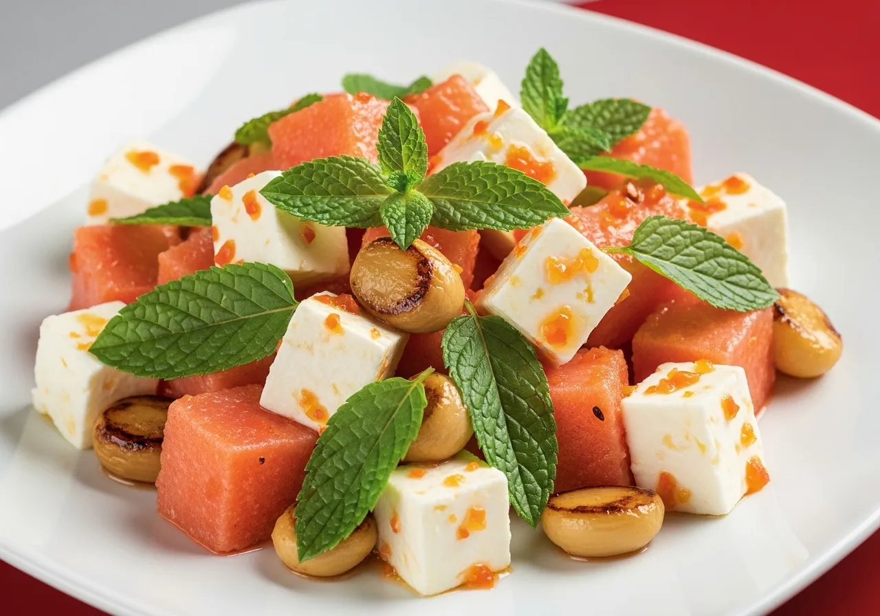Cubed watermelon, feta cheese, and fresh mint salad with passion fruit vinaigrette, decorated with caramelized nuts on a white plate, natural light, home style