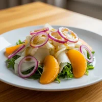 Ensalada de hinojo laminado, gajos de naranja y rábanos en rodajas finas con vinagreta de jengibre, servida en plato blanco sobre mesa de madera