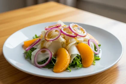 Ensalada de hinojo laminado, gajos de naranja y rábanos en rodajas finas con vinagreta de jengibre, servida en plato blanco sobre mesa de madera