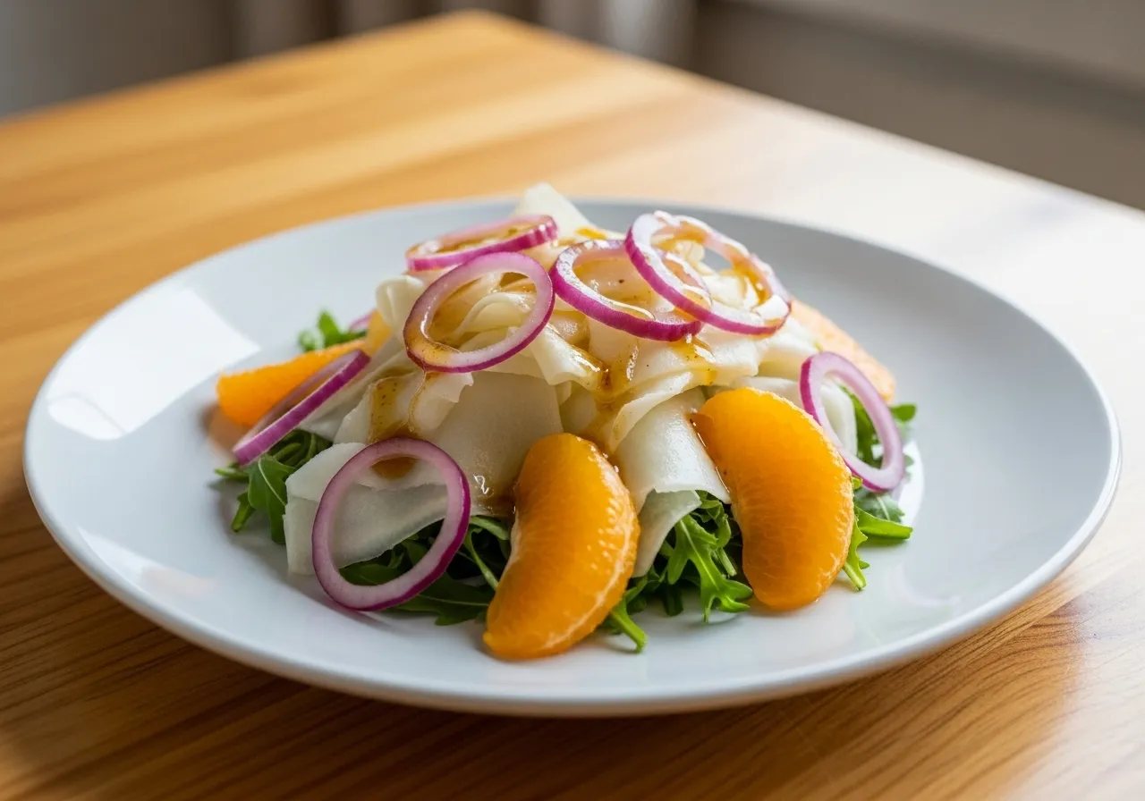 Sliced Fennel, Orange Segments, and Thinly Sliced Radish Salad with Ginger Vinaigrette, served on a white plate on a wooden table