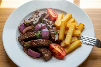 Lomo saltado peruano con salsa de soya oscura, papas crujientes al horno y verduras frescas en plato blanco, estilo casero y colores naturales.