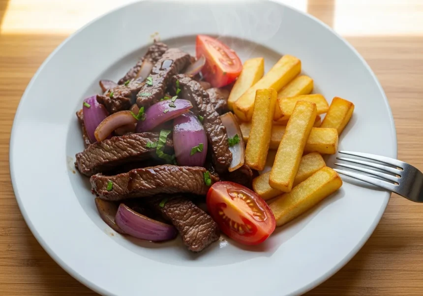 Lomo saltado peruano con salsa de soya oscura, papas crujientes al horno y verduras frescas en plato blanco, estilo casero y colores naturales.