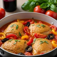 Pollo alla cacciatore en cacerola con muslos dorados, pimientos, champiñones y salsa de tomate