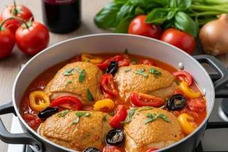 Pollo alla cacciatore en cacerola con muslos dorados, pimientos, champiñones y salsa de tomate