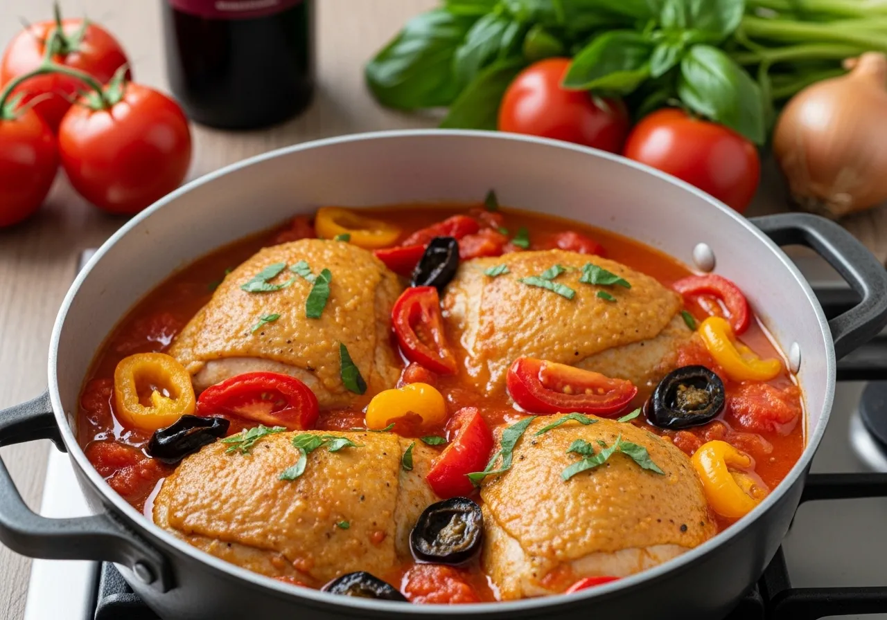 Chicken cacciatore in a casserole with golden thighs, bell peppers, mushrooms, and tomato sauce