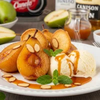 Peras caramelizadas doradas con salsa de ron, helado de vainilla y almendras tostadas