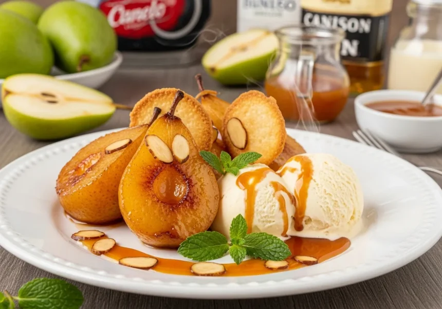 Peras caramelizadas doradas con salsa de ron, helado de vainilla y almendras tostadas