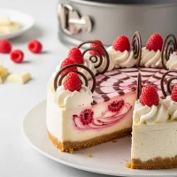Cheesecake elegante de chocolate blanco con remolinos de frambuesa y decoraciones de chocolate negro