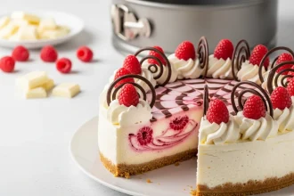 Cheesecake elegante de chocolate blanco con remolinos de frambuesa y decoraciones de chocolate negro