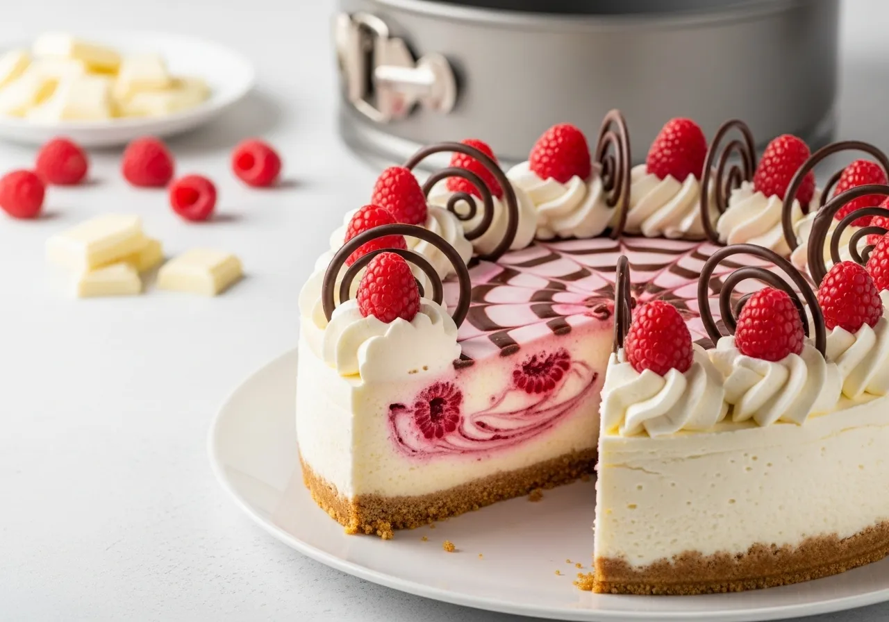 Elegant white chocolate cheesecake with raspberry swirls and dark chocolate decorations