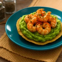 Tostadas crujientes con aguacate y camarones al ajillo dorados