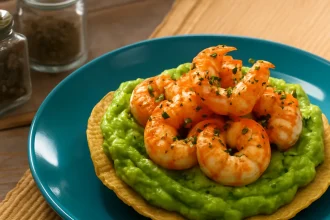 Tostadas crujientes con aguacate y camarones al ajillo dorados