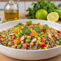 Ensalada colorida de quinoa con edamame, elote, garbanzo, pimientos y cilantro en tazón blanco