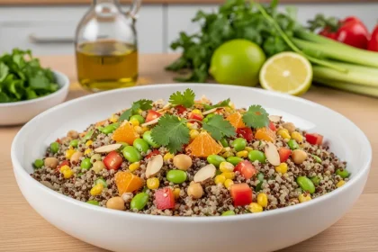 Ensalada colorida de quinoa con edamame, elote, garbanzo, pimientos y cilantro en tazón blanco