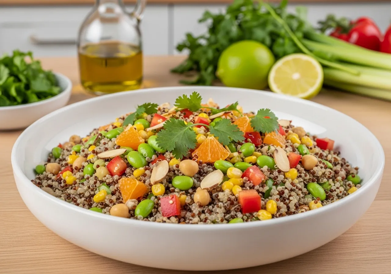 Colorful quinoa salad with edamame, corn, chickpeas, bell peppers, and cilantro in a white bowl