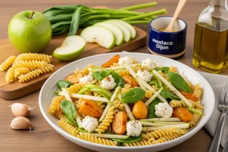 Bowl de ensalada de pasta con espinacas baby, nueces caramelizadas, manzana verde y queso de cabra