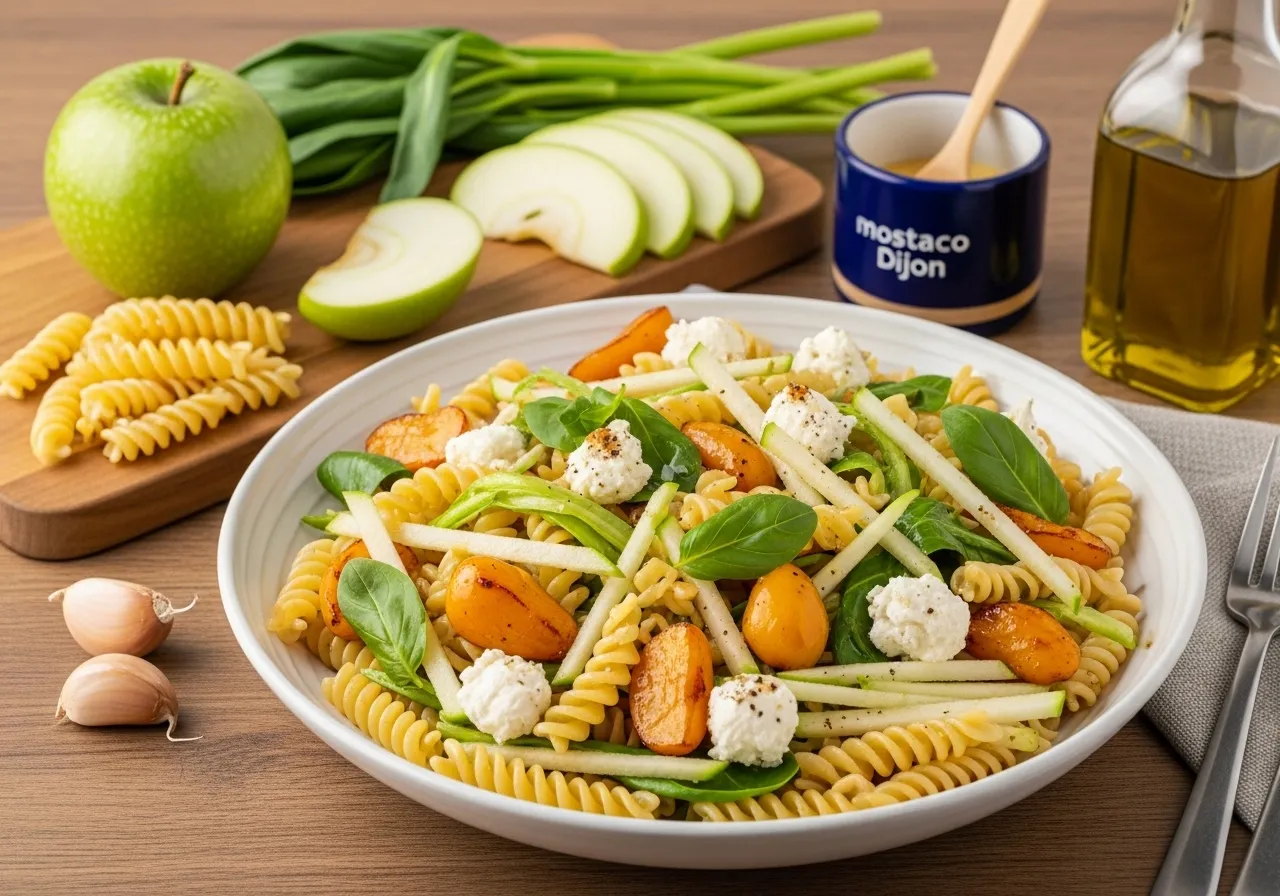 Bowl de ensalada de pasta con espinacas baby, nueces caramelizadas, manzana verde y queso de cabra