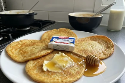 Crepas francesas clásicas apiladas en plato blanco con mantequilla y miel