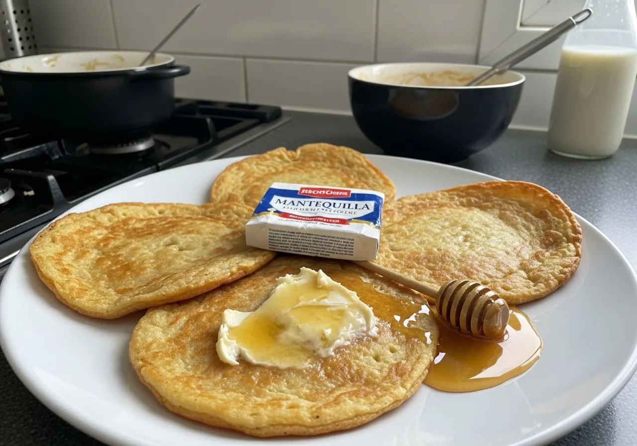 Crepas francesas clásicas apiladas en plato blanco con mantequilla y miel